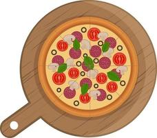 Deliciosa pizza italiana en rodajas con tomates, champiñones, salchichas, aceitunas en rodajas y hierbas, se encuentra en una tabla de cortar redonda con mango. un plato tradicional de la cocina mediterránea. vector. vector