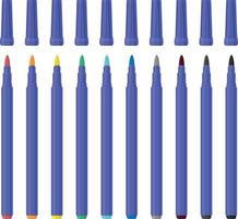 A large set of colored markers of different colors. School color markers for drawing. A set for creativity. Office supplies. Vector illustration on a white background