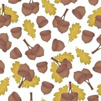 A bright autumn seamless pattern with the image of oak acorns on a branch with leaves yellowed from autumn. Autumn pattern for the print. Vector illustration on a white background