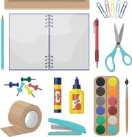 a large set of school stationery, such as a ruler, pen, pencil, notebook, scissors, paper clips, as well as tape, glue, paint, stapler,pins and brush. Office supplies. Vector illustration.