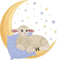 linda ilustración infantil con una foto de una linda oveja sobre una almohada y una luna creciente rodeada de estrellas. cordero acostado en una luna creciente, ilustración impresa para niños. vector. vector