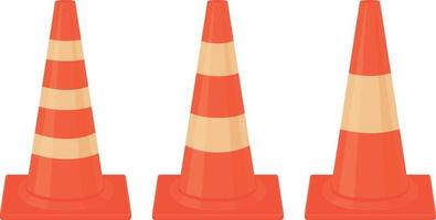 A set of three orange traffic cones. Traffic cones for road marking and to ensure the safety of workers. Vector illustration isolated on a white background