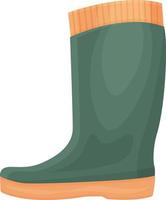 A green rubber boot. Silicone boot for walking in cold weather. Shoes for protection from dampness and dirt. Vector illustration isolated on a white background