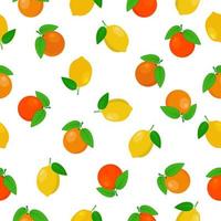 Citrus lemon orange bright summer seamless pattern featuring ripe yellow lemons and orange oranges with green leaves. Vector illustration on a white background.