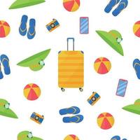 Bright summer color seamless pattern featuring traveler Accessories such as suitcase, hat, flip flops, ball, smartphone and camera. Summer vacation pattern. Vector illustration on white background.