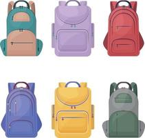 A large set of bright school backpacks of different colors. Briefcases for school and school supplies. Backpacks for hiking and traveling. A bag for things. Vector illustration on a white background