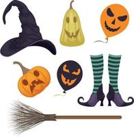 A festive set with Halloween symbols such as a pumpkin lantern, a witch broom, witch boots in stockings, a bat and a witch hat, as well as pumpkins with creepy smiles. Vector illustration