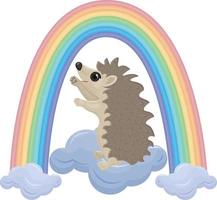 Cute bright children s illustration with the image of a cute funny hedgehog standing on a blue cloud and looking at a colorful rainbow. Vector illustration on a white background.