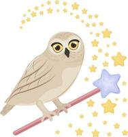 linda ilustración vectorial infantil con la imagen de un búho con grandes ojos sentado en una varita mágica rodeada de estrellas. estampado infantil con un lindo pájaro. Ilustración vectorial sobre fondo blanco. vector