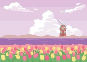 fondo morado romántico. hay un molino de viento en la distancia, y puedes ver el campo de flores de tulipanes. vector