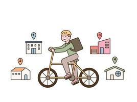 A delivery man is riding a bicycle carrying a delivery box. vector