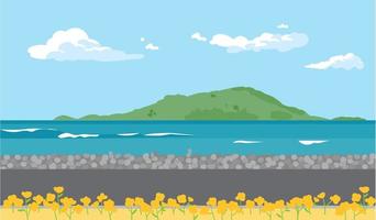 un tranquilo camino costero con flores de canola. una isla se puede ver en la distancia. vector