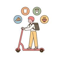 A delivery man is carrying a food box and riding a kick scooter to deliver. vector