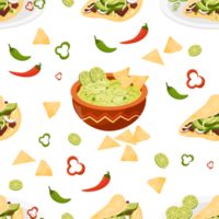 Nahtloses Muster mit mexikanischem Essen. Guacamole-Sauce und Tacos png
