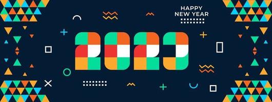 Happy New Year 2023 Greeting banner logo design illustration, Creative and Colorful 2023 new year vector typography banner, with modern abstract geometric design and background in retro style