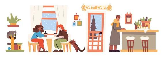 Cat cafe interior with people and pets vector