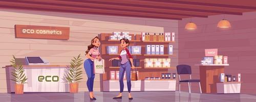 mujer en asistente de tienda de cosméticos ecológicos y cliente vector