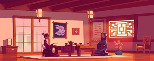 Tea ceremony in asian restaurant, women in kimono vector