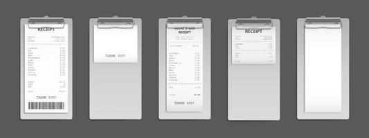 Cash receipt on clipboard, paper bill, invoice set vector