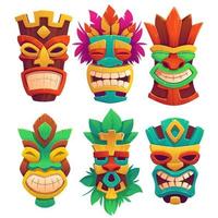 Tiki masks, tribal wooden totems in hawaiian style vector
