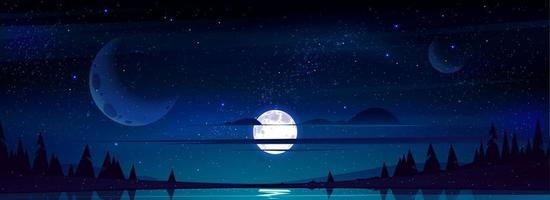 Full moon in night sky with stars above pond. vector