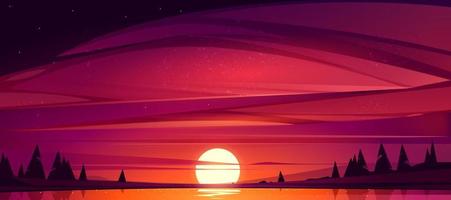 Sunset on lake, red sky with sun go down the pond vector