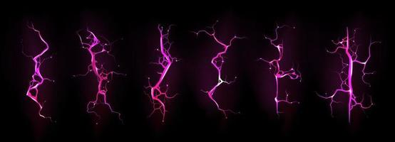 Lightning, electric strike during night storm set vector