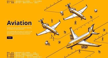 Aviation isometric landing page. Airplanes runway vector