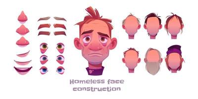 Homeless man face construction, avatar creation vector
