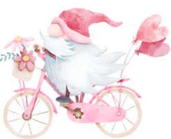 Watercolor cute valentines gnome with pink bicycle png