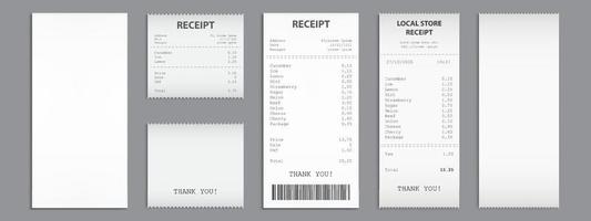 Cash receipt on clipboard, paper bill, invoice set vector