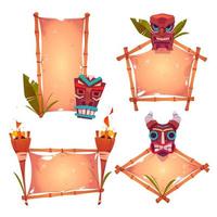 marcos de bambú con máscara tiki, pergaminos y antorcha vector