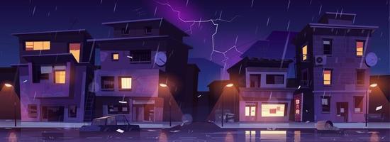Ghetto street at night rain with lightnings, storm vector