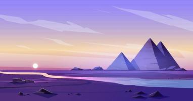 Egypt pyramids and Nile river in dusk desert. vector