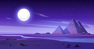 Egyptian desert with river and pyramids at night vector