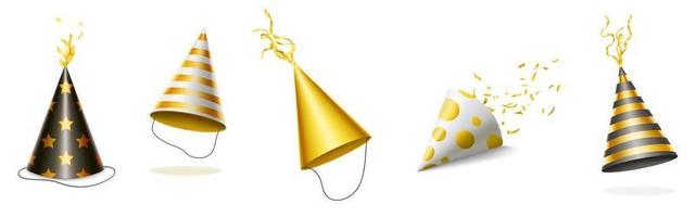 Party hats with gold and black stripes and ribbons vector