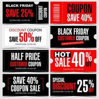 Set of vector coupons, vouchers and certificates for discount special offer, hot sale shopping, Black Friday, holiday price discount promotion and marketing, gift card to save money. Ready to print.