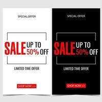 Sale and discount vector banner in strict minimalist style with red text on white or black background. Poster, leaflet, flyer, brochure or booklet for special offer promotion and advertisement.