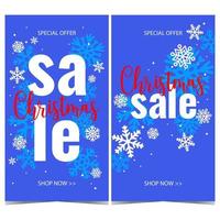 Banner de venta de Navidad vectorial con copos de nieve blancos sobre fondo azul. afiche, folleto, volante o folleto para la promoción de la venta navideña durante la temporada de compras de diciembre y la celebración de las vacaciones de invierno. vector