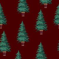 Potted Christmas tree seamless pattern on red background. Colorful vector Illustration.