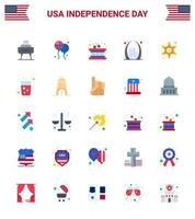 Group of 25 Flats Set for Independence day of United States of America such as police usa drum landmark building Editable USA Day Vector Design Elements