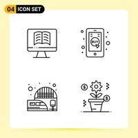 4 íconos creativos para el diseño moderno de sitios web y aplicaciones móviles receptivas. 4 signos de símbolos de contorno sobre fondo blanco. Paquete de 4 iconos. vector