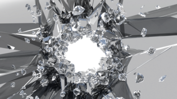 Glass mirror breaked shatter with debris super slow motion. Macro camera 3d illustration. png