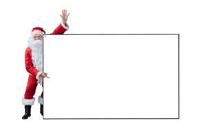 Santa Claus is holding and pointing the white blank sign for seasonal promotion sale and announcement board advertisement isolated on transparent background for commercial usage png