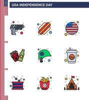 Set of 9 Modern Flat Filled Lines pack on USA Independence Day bottle protection flag helmet american Editable USA Day Vector Design Elements