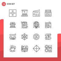 Pack of 16 Universal Outline Icons for Print Media on White Background. vector