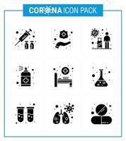 Corona virus disease 9 Solid Glyph Black icon pack suck as bed handcare tourist hand spray viral coronavirus 2019nov disease Vector Design Elements