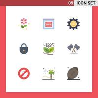 Set of 9 Vector Flat Colors on Grid for energy leaf cap security lock Editable Vector Design Elements