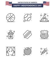 Happy Independence Day 9 Lines Icon Pack for Web and Print hotdog america camp sign election Editable USA Day Vector Design Elements