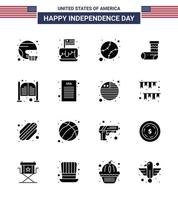 Happy Independence Day Pack of 16 Solid Glyphs Signs and Symbols for festivity celebration independence united baseball Editable USA Day Vector Design Elements
